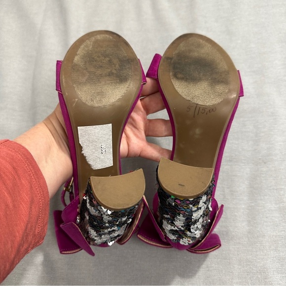 Sz. 8 Betsey Johnson 4" sequin block heel shoes, hot pink, bow, sparkle - Picture 7 of 11